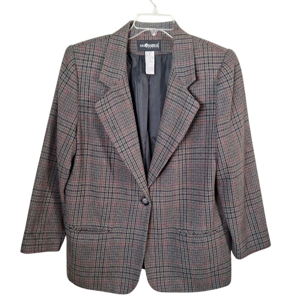 Vintage Sag Harbor Gray Green Plaid Wool Blnd Blazer Women Size 14P Petite - Picture 7 of 9